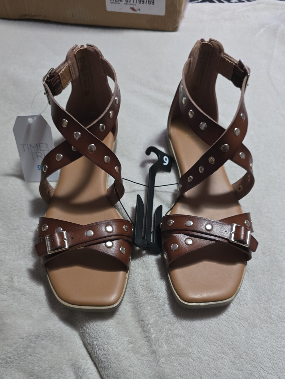 Time and Tru Brown Studded Crisscross Strap Sandals